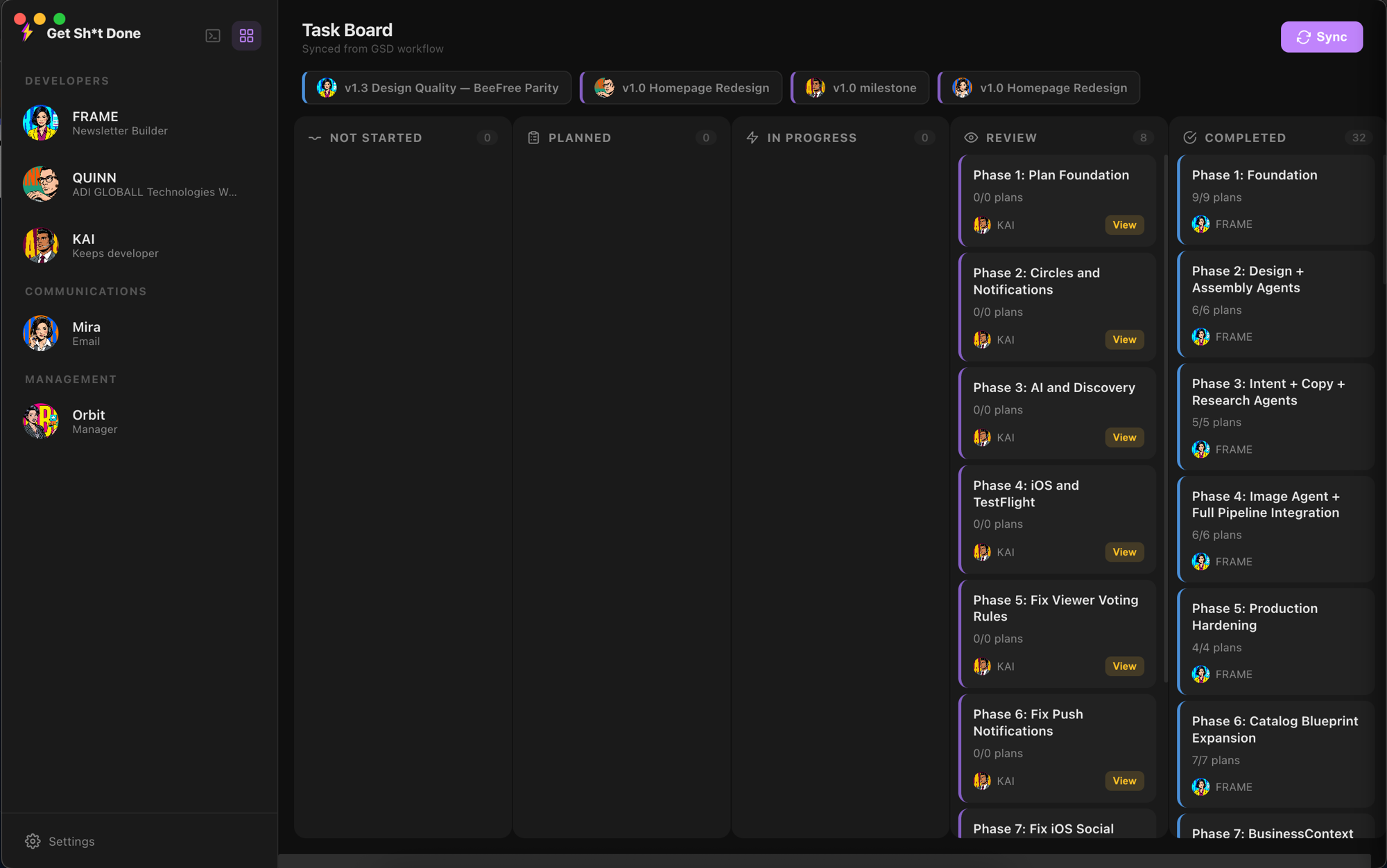 Task board showing your AI team managing projects